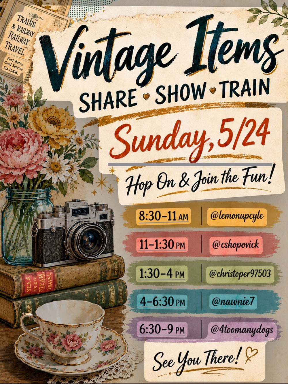 @4toomanydogs is live on the All Things Vintage Share Show Train